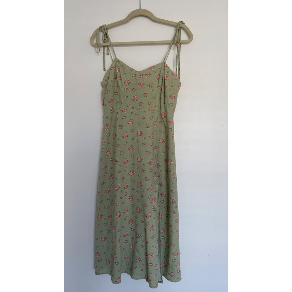 Forever 21‎ Summer Spaghetti Strap Midi Dress Medium Sage Green Pink Floral Y2K